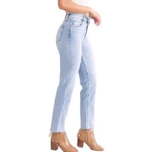 HIDDEN Los Angeles High Rise Straight Leg Jeans with Raw Hem in Light Wash 25